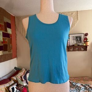 One Step Up Branded Blue Lace and Lettuce Trim Tank Top
